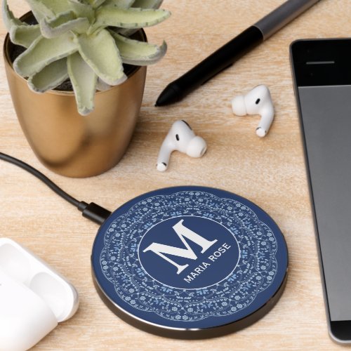 Navy Blue Chic Monogram Modern Mandala Wireless Charger