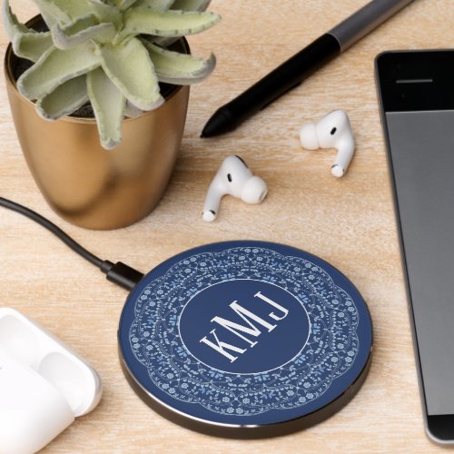 Navy Blue Chic Monogram Modern Mandala  Wireless Charger