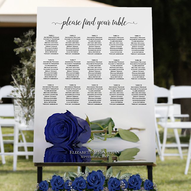 Navy Blue Chic Rose 15 Table Wedding Seating Chart Foam Board (In Situ on Stand with Roses)