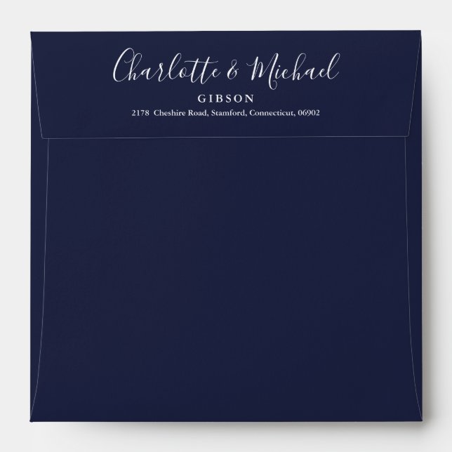 Navy Blue Chic Script Return Address Square Envelope (Back (Top Flap))