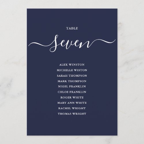Navy Blue Chic Script Table Number Seating Chart