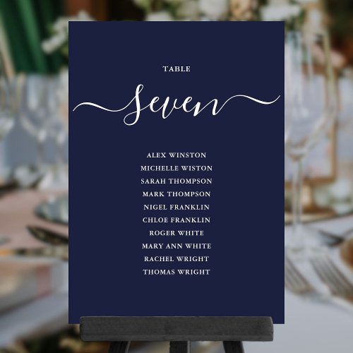 Navy Blue Chic Script Table Number Seating Chart