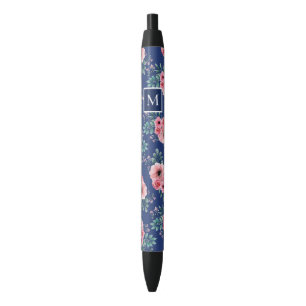 Navy Blue Chic Watercolour Floral Monogram Pen