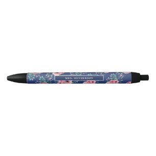 Navy Blue Chic Watercolour Floral Personalised Pen