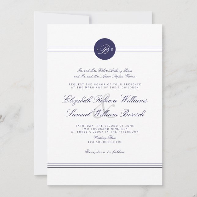 Navy Blue Chic White Monogram Wedding Invite (Front)