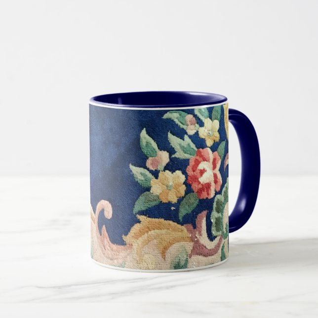 Navy Blue Chinese Rug design with Floral Flourish Mug (Front Right)