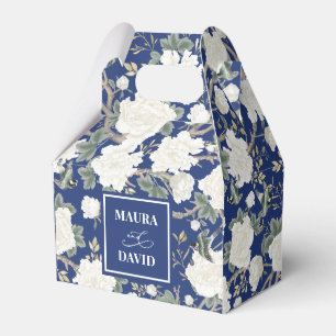 Navy Blue Chinoiserie Birds Flowers Wedding Favor Boxes