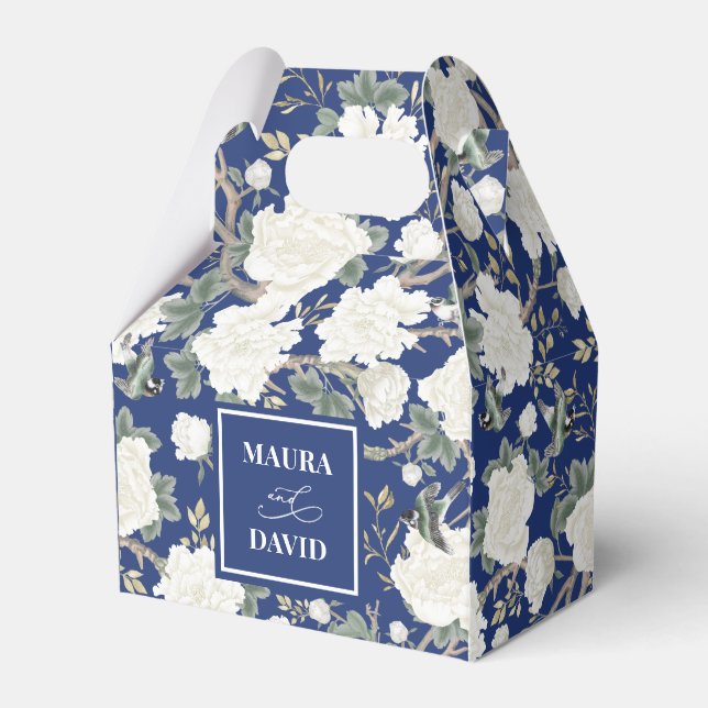 Navy Blue Chinoiserie Birds Flowers Wedding Favor Boxes (Front Side)
