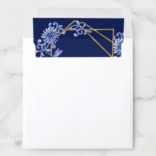 Navy Blue Chinoiserie Dragonfly Floral Watercolor Envelope Liner