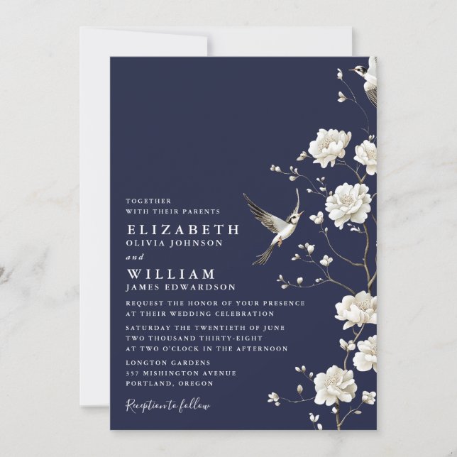 Navy Blue Chinoiserie Floral All In One Wedding Invitation (Front)