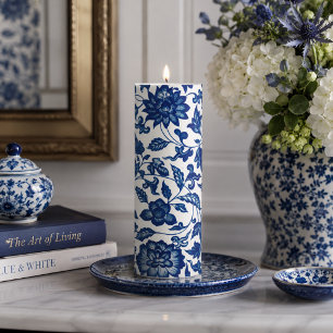 Navy Blue Chinoiserie Floral Cottagecore Home Déco Pillar Candle