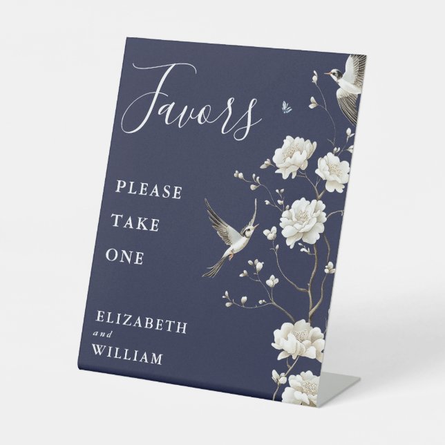 Navy Blue Chinoiserie Floral Favors Wedding Pedestal Sign (Front)