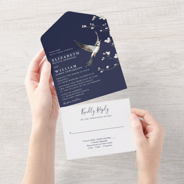 Navy Blue Chinoiserie Floral Garden Wedding All In One Invitation (Tearaway)