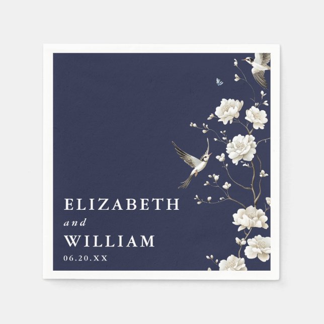 Navy Blue Chinoiserie Floral Garden Wedding Napkins (Front)