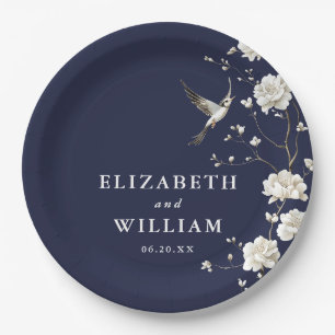 Navy Blue Chinoiserie Floral Garden Wedding Paper Plates