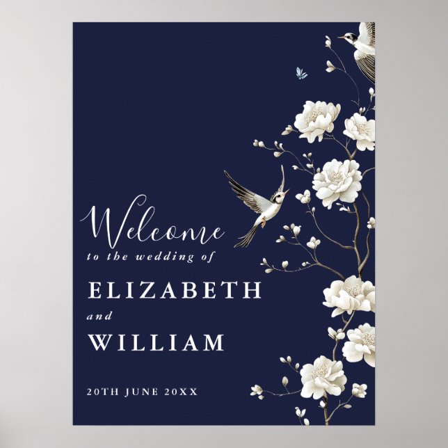 Navy Blue Chinoiserie Floral Wedding Welcome Sign (Front)