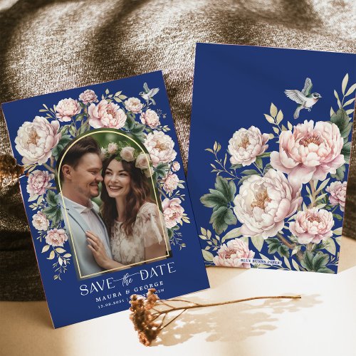 Navy Blue Chinoiserie Florals Photo Save the Date Invitation