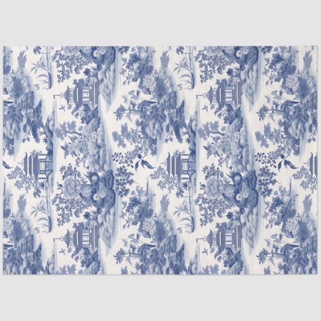 Navy blue Chinoiserie flowers building castle Tissue Paper (Front)