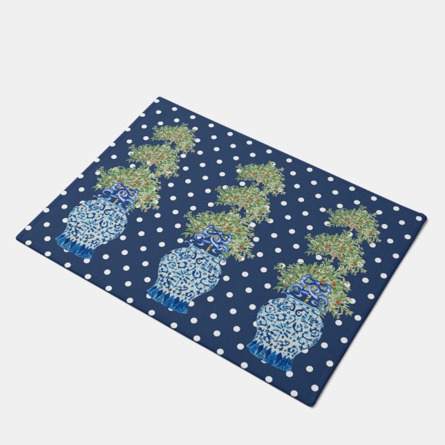 Navy Blue Chinoiserie Orange Topiary Doormat (Angled)