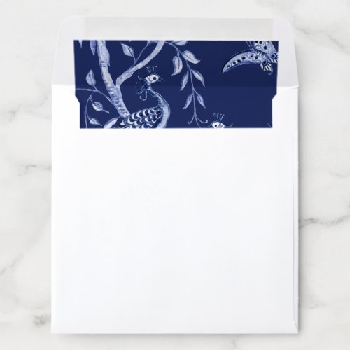 Navy Blue Chinoiserie Peacock Butterfly Watercolor Envelope Liner