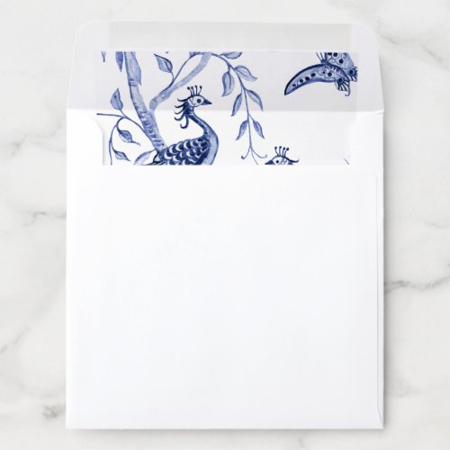 Navy Blue Chinoiserie Peacock Butterfly Watercolor Envelope Liner