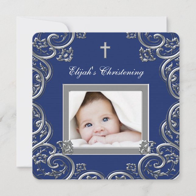 Navy Blue Christening Invitation (Front)