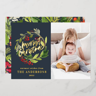 Navy blue Christmas botanical elegant modern photo Foil Holiday Card