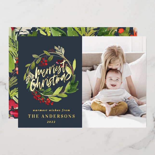 Navy blue Christmas botanical elegant modern photo Foil Holiday Card (Front/Back)