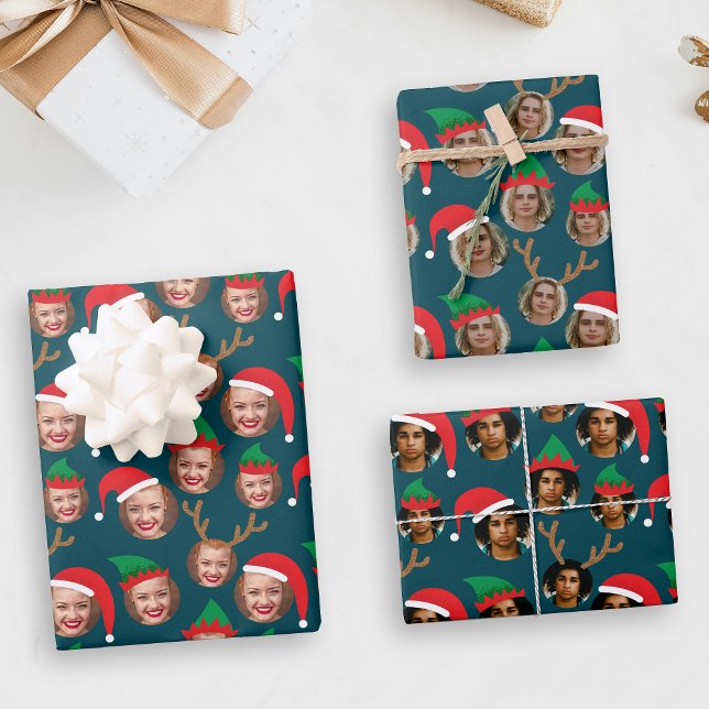 Navy Blue Christmas Crew Three Photo Custom Wrapping Paper Sheets (Creator Uploaded)