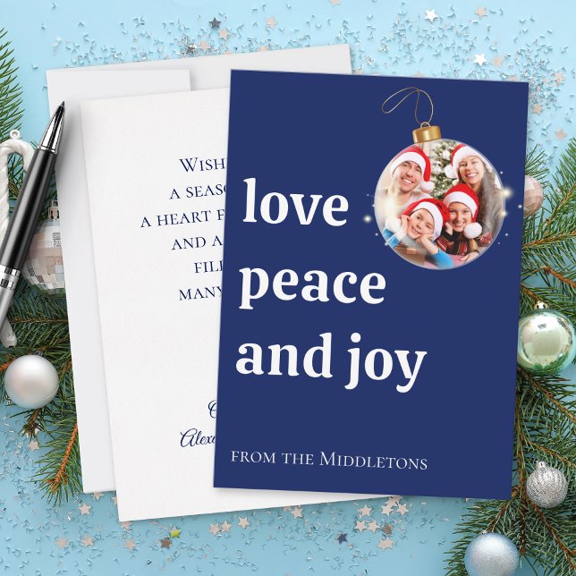 Navy Blue Christmas Family Photo Love Peace Joy  Holiday Card (Creator Uploaded)