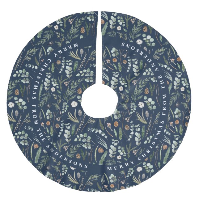 Navy blue Christmas modern minimal botanical gift Brushed Polyester Tree Skirt (Front)