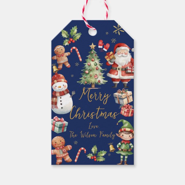 Navy Blue Christmas Santa Elf Snowman Gingerbread  Gift Tags (Front)