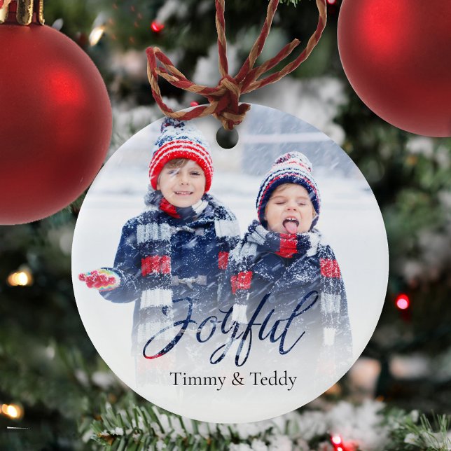 Navy Blue Christmas Snowflake Photo Custom Ceramic Ornament (Christmas photo ceramic circle ornament with a Joyful Calligraphy script. )