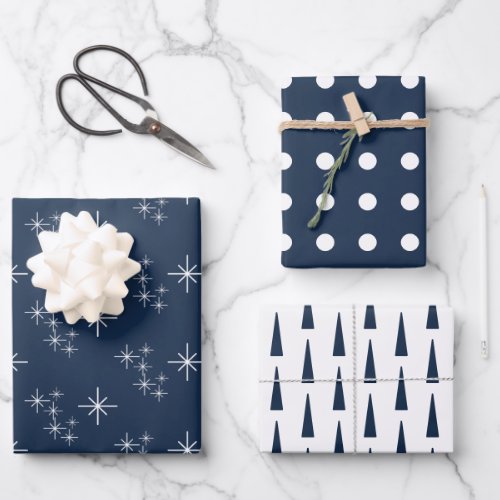 Navy Blue Christmas Snowflakes Evergreen Trees Wrapping Paper Sheets