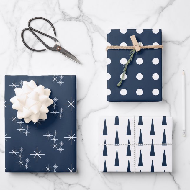 Navy Blue Christmas Snowflakes Evergreen Trees Wrapping Paper Sheets (Front)