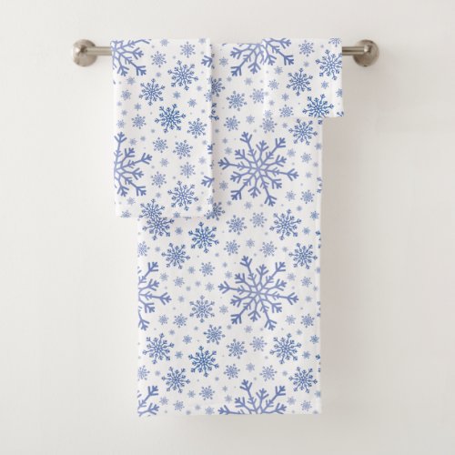 Navy Blue Christmas Snowflakes on Winter White Bath Towel Set