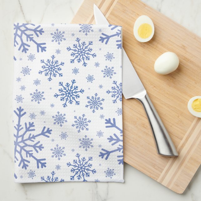 Navy Blue Christmas Snowflakes on Winter White Kitchen Towel (Quarter Fold)