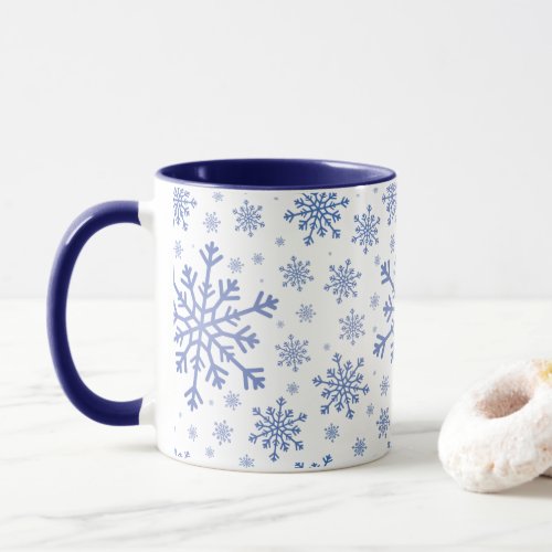 Navy Blue Christmas Snowflakes on Winter White Mug