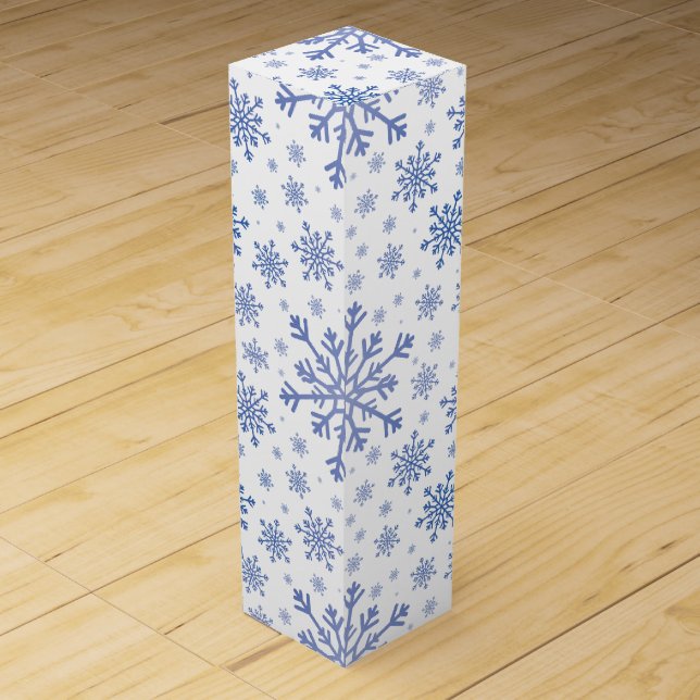 Navy Blue Christmas Snowflakes on Winter White Wine Box (Front)