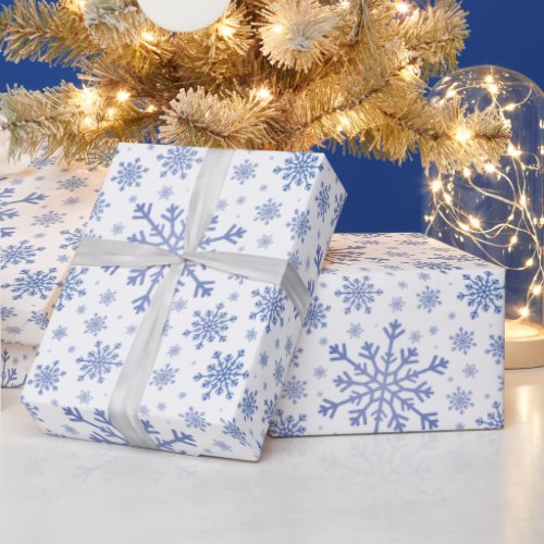 Navy Blue Christmas Snowflakes on Winter White Wrapping Paper