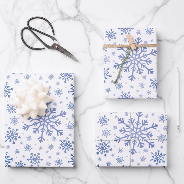 Navy Blue Christmas Snowflakes on Winter White Wrapping Paper Sheets (Front)