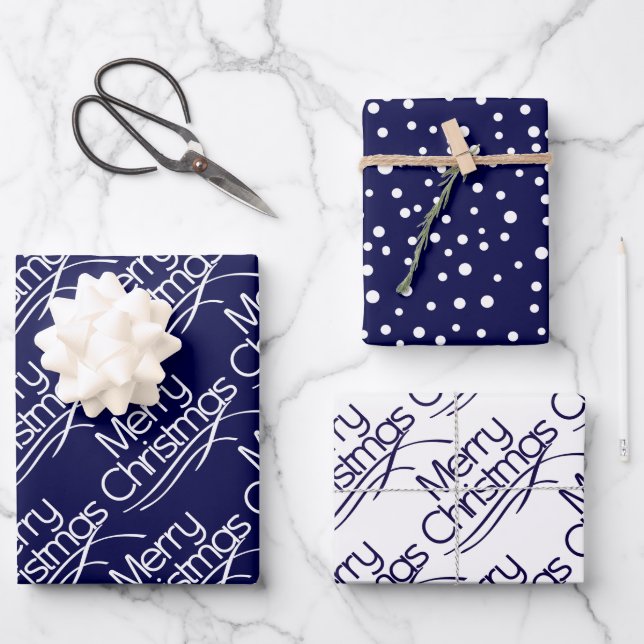 Navy blue Christmas typography and dots holiday Wr Wrapping Paper Sheets (Front)