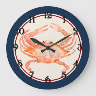 Navy Blue Circle Red Crab Large Clock