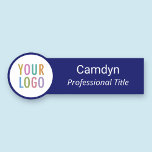 Navy Blue Circle Shaped Name Tag with Company Logo<br><div class="desc">Easily personalize this unique circle shaped name tag with your company logo, employee name, job title, or other custom text. It's available with a magnetic back fastener (do not use with pacemakers) or with a safety pin back. It's a lightweight name tag with a large width. You can easily customize...</div>