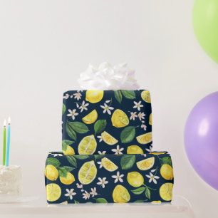 Navy Blue Citrus Lemon Floral Wrapping Paper