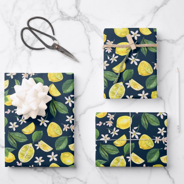 Navy Blue Citrus Lemon Floral Wrapping Paper Sheets (Front)