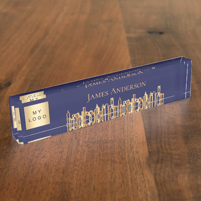 Navy blue city skyline business logo real estate desk name plate (Side)