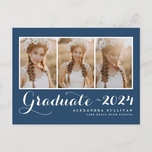 Navy Blue Class of 2024 Photo Collage Graduation Announcement Postcard