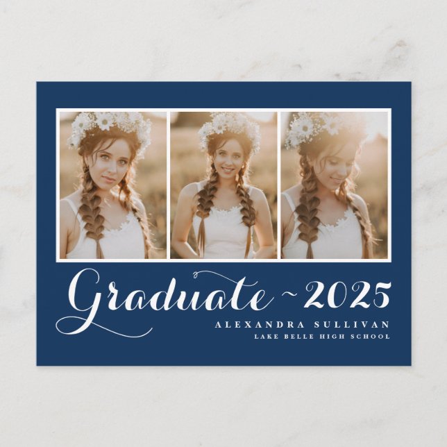 Navy Blue Class of 2025 Photo Collage Graduation Invitation Postcard (Front)