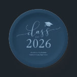 Navy Blue Class of 2026 Graduation Party Paper Plates<br><div class="desc">Simple and elegant graduation party plate featuring typography text that says "class of 2026" in script font with a graduation cap illustration. The background is navy blue.</div>